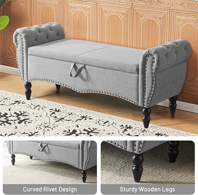 Furniliving 51.75" Storage Ottoman Bench for Living Room, Modern Bedroom Benches with Rolled Arm Upholstered End of Bed Bench Shoe Storage Indoor Bench with Wood Legs Entryway Bench, Grey, Linen
