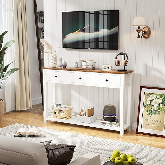 Homieasy Farmhouse Console Table with 3 Drawers, 47 Inch Wood Sofa Table with Storage Shelf for Living Room, Behind Couch, Entryway Table for Hallway, Living Room, or Foyer, Rustic Brown and White