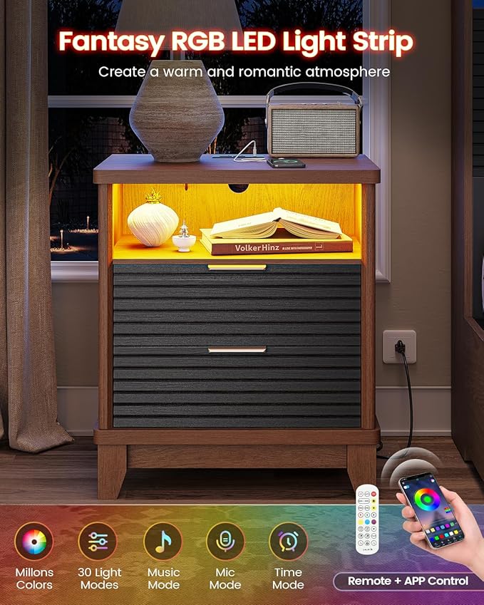 AOGLLATI Fluted Nightstand with Charging Station and 2 Drawers, Black Nightstand, Beside Table with Open Storage and Led Lights, Retro End Side Table for Bedroom, Black