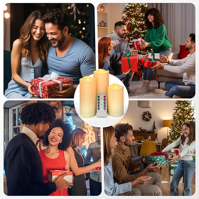 Flickering Flameless Candles, Realistic Battery Operated Candle with Timer, 6 AA Batteries Included, Set of 3 Outdoor Indoor Decor with 10-Key Remote LED Flameless Candles, Birthday Gifts for Him, Her