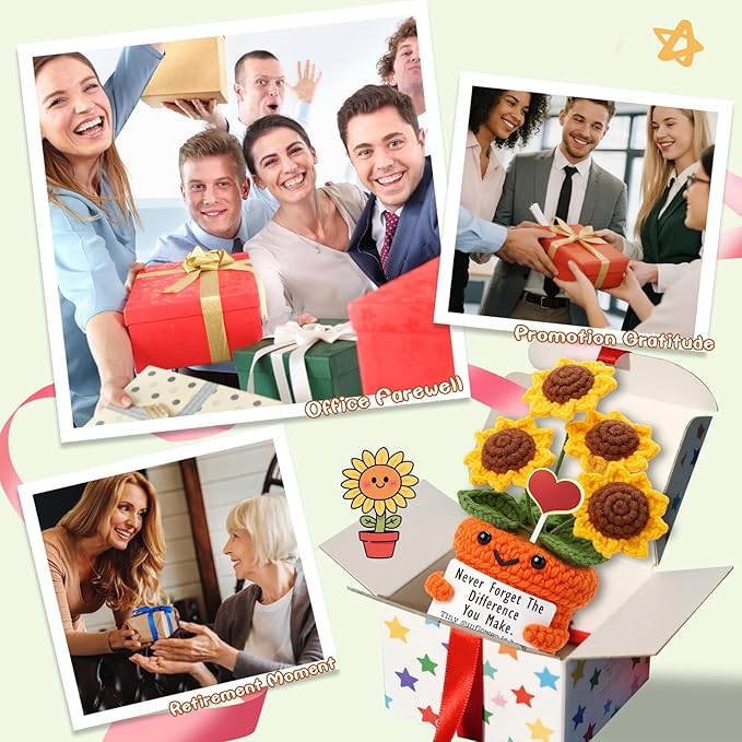 Mini Thank You Gifts for Women Handmade Crochet Sunflower Appreciation Gift for Teacher,Nurse,Coworker,Friends,Mentors,Volunteers–Retirement,Farewell,Encouragement, Christmas, Birthday Present