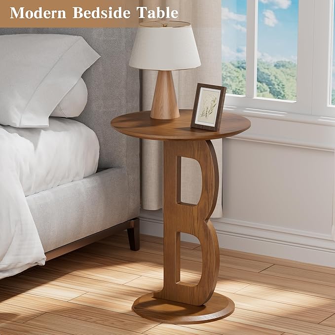 Aoligrace Round Side Table, Modern End Table with Letter B Leg, Wooden Accent Table for Couch Small Coffee Tables Nightstand for Small Spaces Living Room Bedroom