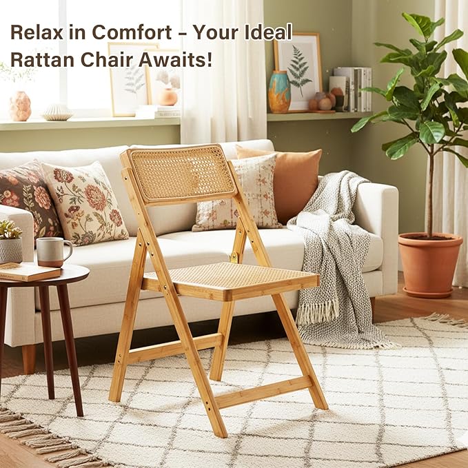 Rattan Folding Chair, Modern Mid Century Dining Chair Set of 1, Outdoor Bamboo Chairs for Bedroom Living Room Reading Room Dining Kitchen, Wood