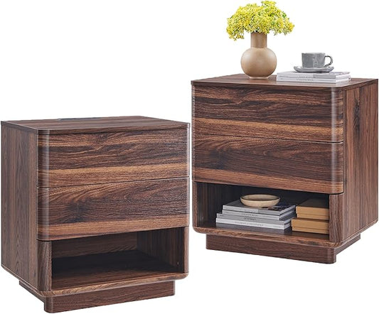 ACCOHOHO Nightstand Set of 2 with Charging Station, 22" Large Modern Bedside Table with 2 Drawers Storage,Push-to-Open End Table for Bedroom,Living Room,Brown