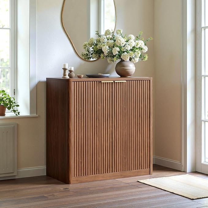 Evermagin 31.5" Walnut Buffet Cabinet with Storage, Fluted Sideboard Cabinet with Adjustable Shelves，Mid Century Modern Credenza, Console Table with 2 Doors for Dining Room, Kitchen, and Living Room