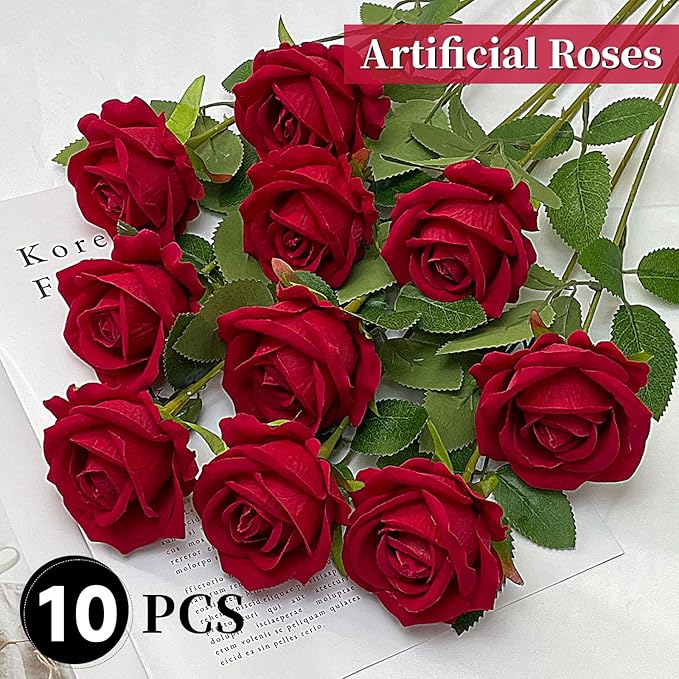 10 PCS Artificial Roses with Long Stems Silk Flowers Realistic Foam Flowers Fake Roses for Valentine's Day Home Wedding Halloween Decor(Brilliant Red)