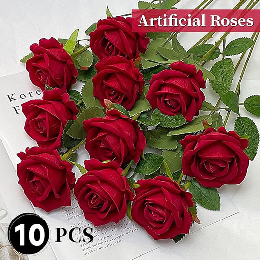 10 PCS Artificial Roses with Long Stems Silk Flowers Realistic Foam Flowers Fake Roses for Valentine's Day Home Wedding Halloween Decor(Brilliant Red)