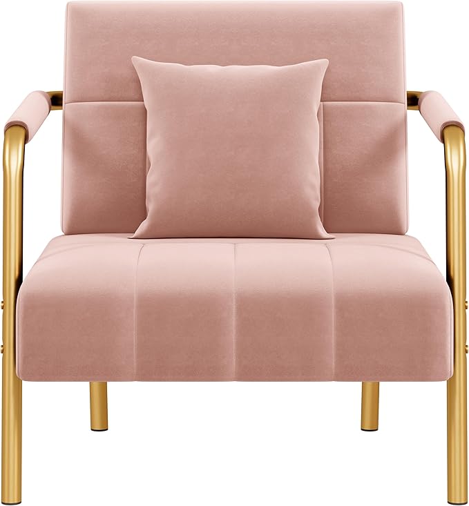 Yaheetech 30" W Accent Chair Velvet Oversized Armchair Living Room Chair with Golden Frame & Cozy Pillow for Living Room, Bedroom, Office Pink