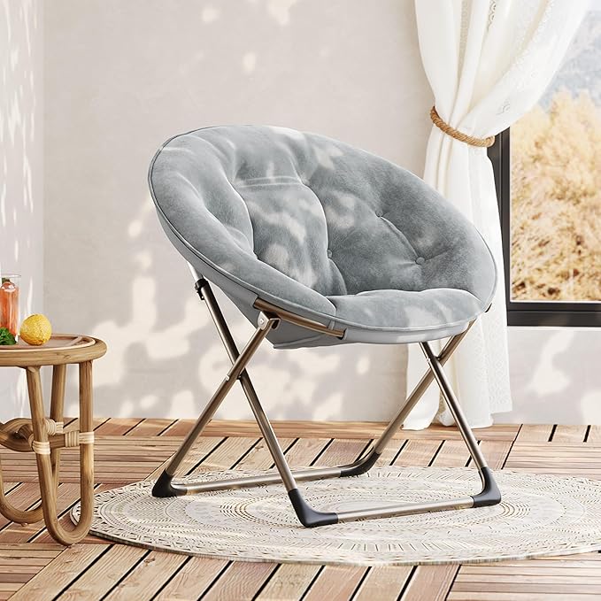 GarveeHome Comfy Oversized Saucer Chair – Soft Plush Fabric Reading Lounger for Adults, Stable X-Large Metal Frame Foldable Accent Lazy Chair for Bedroom, Living Room, Dorm, Office, Grey