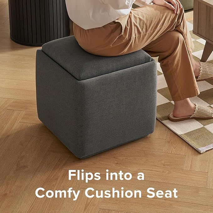 mopio Levi Storage Ottoman with Reversible Tray, Modern Square Chest Coffee Table, Upholstered Cube Sitting Foot Stools Ottoman for Living Room, Bedroom, Entryway (Fabric, Dark Gray)