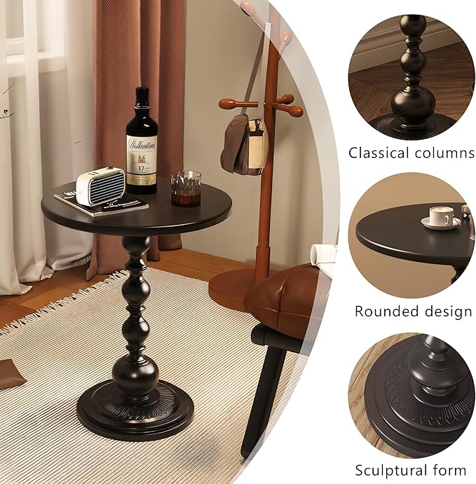 Metal Small End Table,Vintage Matte Black Round Side Table Nightstand for Bedside or Sofa,Small Accent Pedestal Table for Living Room Corners Bedroom Patio and bar (Matte Black)