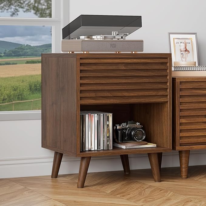 Alohappy Mid Century Modern Nightstand, Fluted Night Stand, Wood Bedside Table with Drawer and Cube Storage for Bedroom, Side Accent End Table with Solid Wood Leg for Living Room, Brown, 1pc