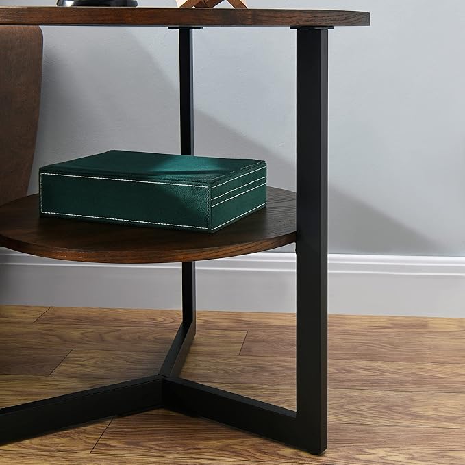 Round End Table with Storage Shelf, 25in Circel Accent Side Table with Metal Legs, 2-Tier Industrial Sofa Side Table for Living Room Bedroom, Brushed Brown