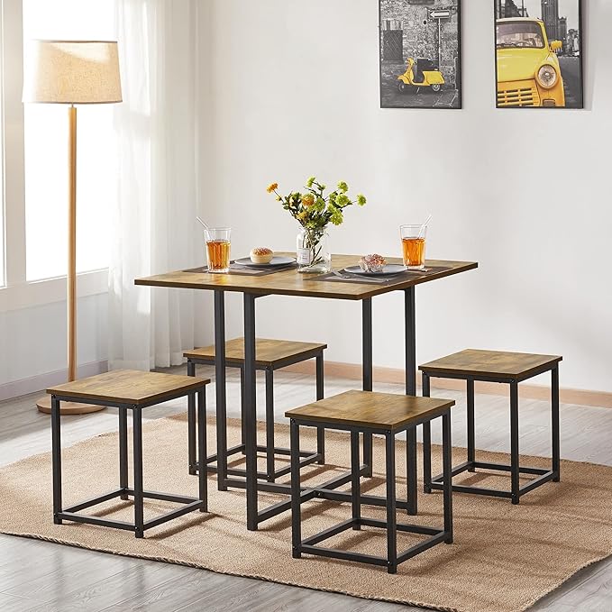 Yaheetech Industrial Dining Table Set for 4 Compact Kitchen Table and 4 Stools Space Saving Home Furniture for Small Space, Rustic Brown