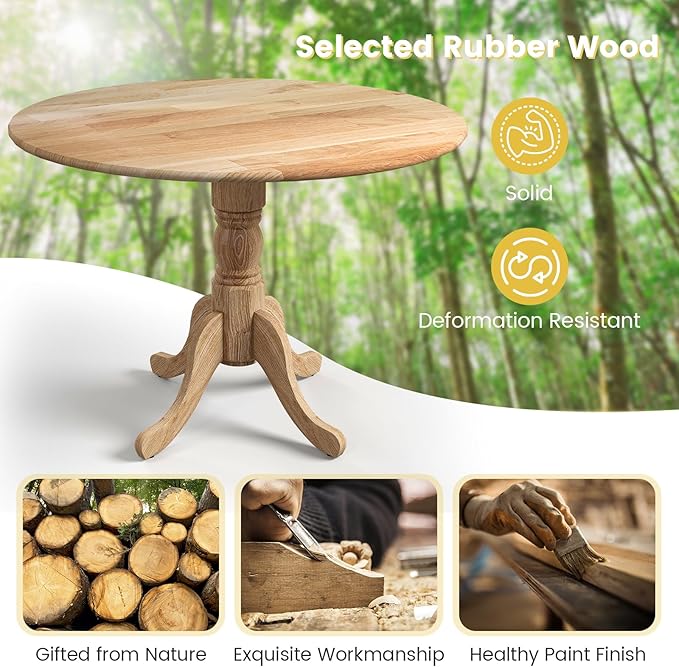 Giantex Round Dining Table, 39" D X 29" H, Rubber Wood Pedestal Table W/Round Tabletop & Curved Trestle Legs, 4-Person Dinner Table for Kitchen, Dining Room, Restaurant (Natural)