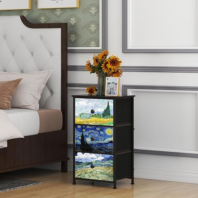 Dresser with 3 Drawers Van Gogh Drawer Dresser for Bedroom Narrow Nightstand Small Dressers & Chests of Drawers for Halfway Entryway Closets Living Room Sturdy Steel Frame Wood Top
