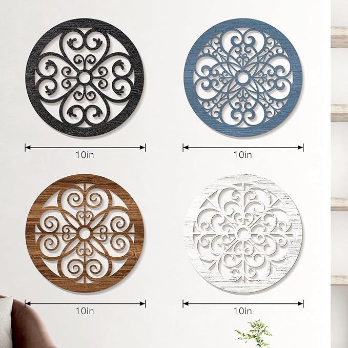 Zzbakress 4 Pieces Farmhouse Wall Decor Rustic Circle Wall Decor Wooden Hollow Carved Round Wall Art for Living Room Bedroom Kitchen Bathroom Home Wall Decoration (Delicate, Colorful)