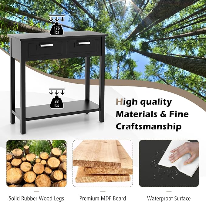 KOTEK Console Table with 2 Drawers & Shelf, Narrow Sofa Table with Rubber Wood Legs, Small Entryway Table for Living Room, Hallway, Office (Black)