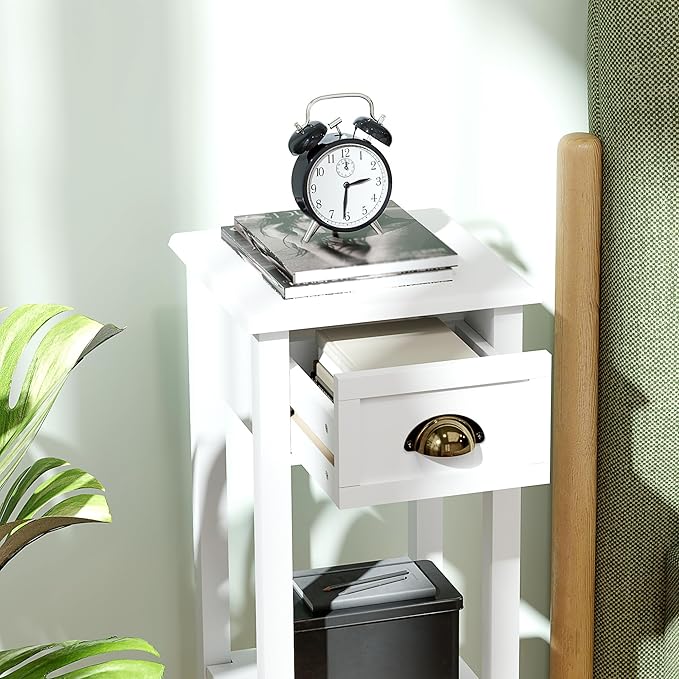 HOMCOM 2-Tier Side Table with Drawer, Narrow End Table with Bottom Shelf, for Living Room, Set of 2, White