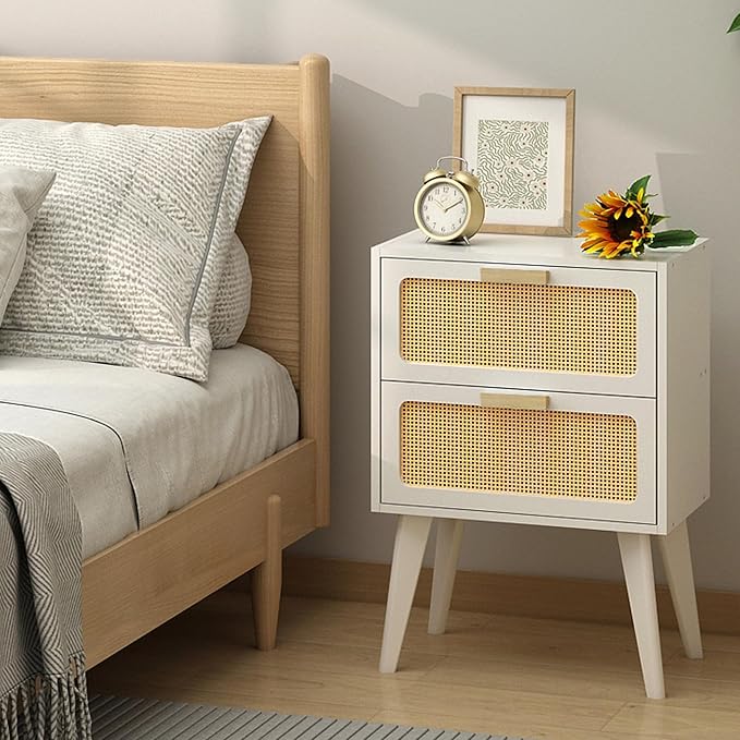 Rattan Nightstand, Wood End Table, Side Table with 2 Hand Made Rattan Decorated Drawers,Boho Bedside Table,Wood Accent Table with Storage for Livingroom, Bedroom, White CTG59W