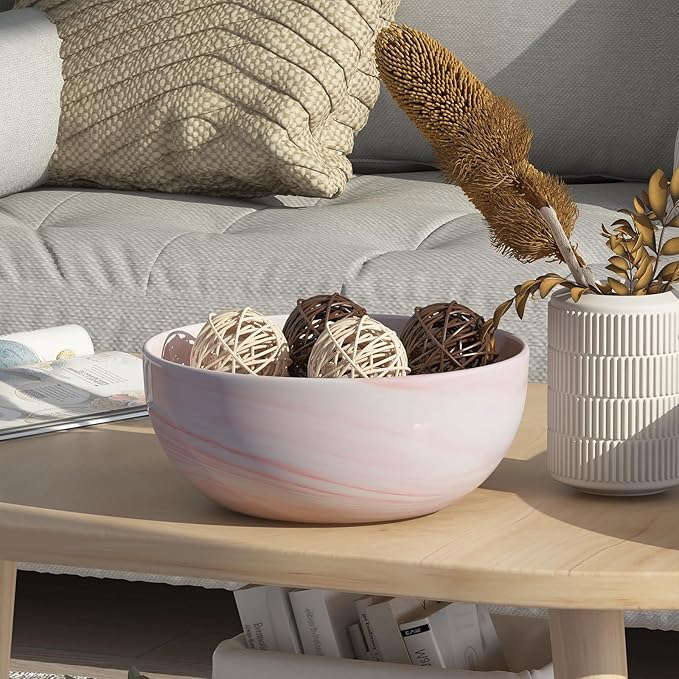 Large Decorative Fruit Bowl, Marble-patterned Ceramic Bowl for Coffee Table Entryway Kitchen Modern Home Decor Centerpiece 9.5 Inches, Pink