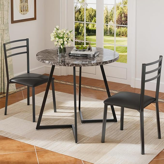VECELO Small Round Dining Table Set for 2, Wood Tabletop with Strong Metal Frame, Modern Dinette with Chairs for Kitchen, Breakfast Nook Living Room, Faux Marbled & Grey