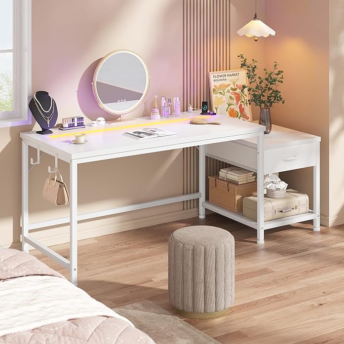 Computer Desk with Printer Shelf & Storage Shelves,48.1 Inch Gaming Desk with LED Lights & Power Outlet,Office Desk with Headphone Hook,Reversible Corner Desk for Small Space,White