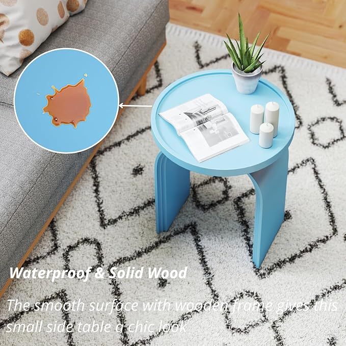 Round Side Table, Modern Wood End Table with Sturdy Base, Small Blue Drink Table for Living Room, Bedroom and Small Spaces