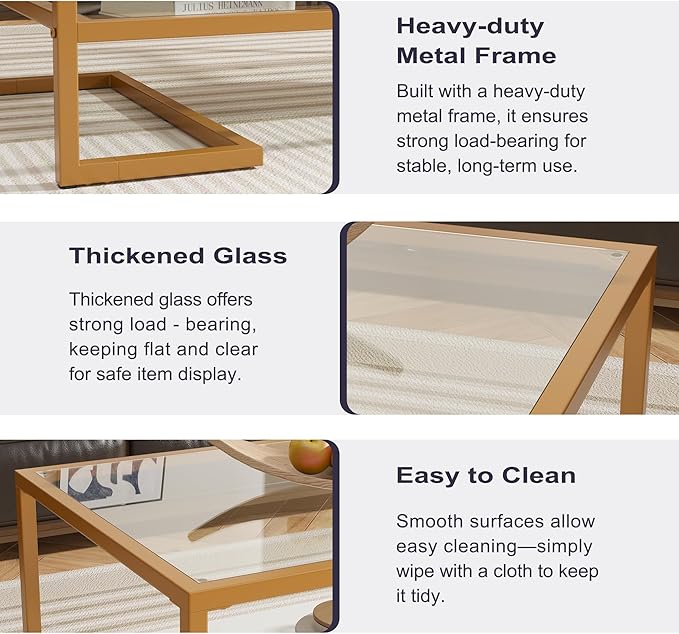 Coffee Table, 2 Tier Tempered Glass Coffee Table, Rectangle Modern Center Table with Metal Frame, Glass Accent Table Open Storage Shelf for Living Room, Office, Golden