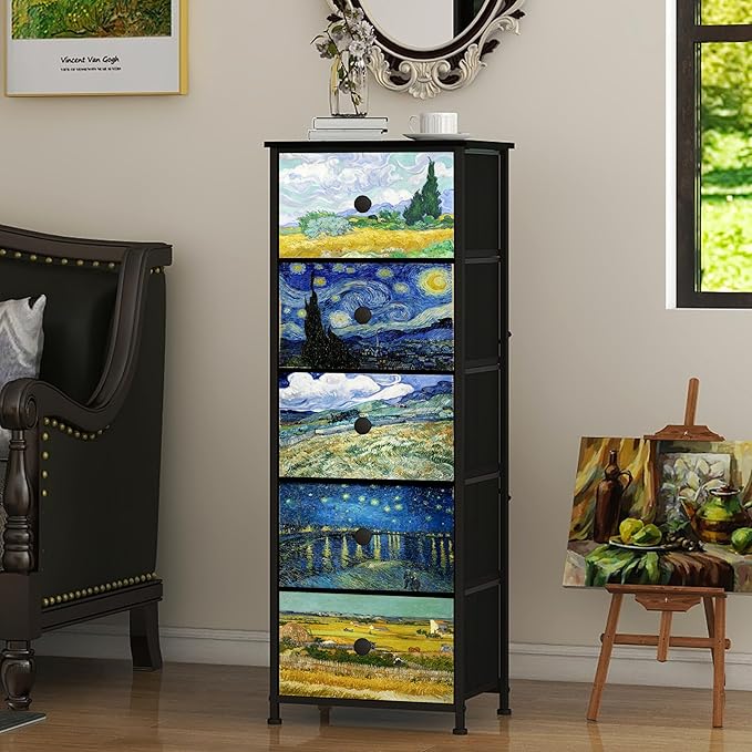 Dresser with 5 Drawers Narrow Tall Nightstand Van Gogh Dresser for Bedroom Fabric Drawer Organizer Unit for Living Room Entryway Hallway Closet Sturdy Steel Frame Wooden Top