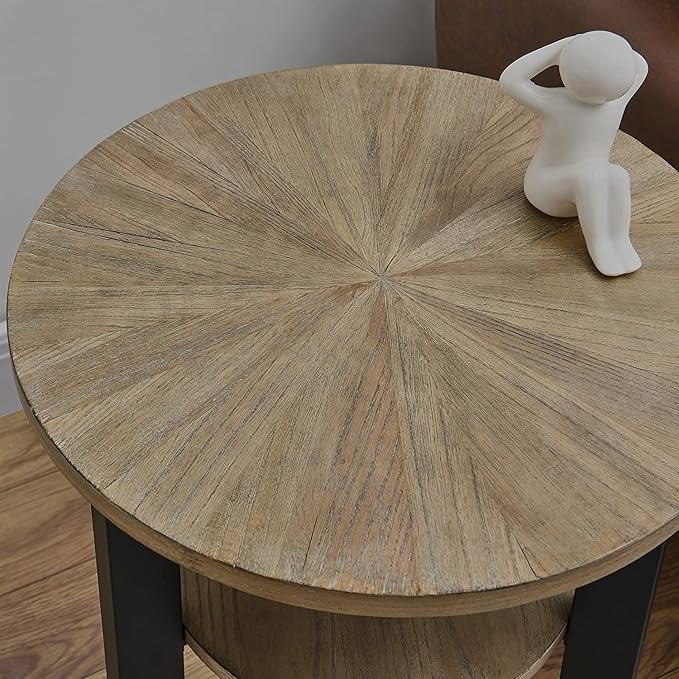 Round End Table with Storage Shelf, 19.29in Circel Accent Side Table with Black Metal Legs, 2-Tier Wood Round Sofa Side Table for Living Room Bedroom, Yellowish Brown-BZ