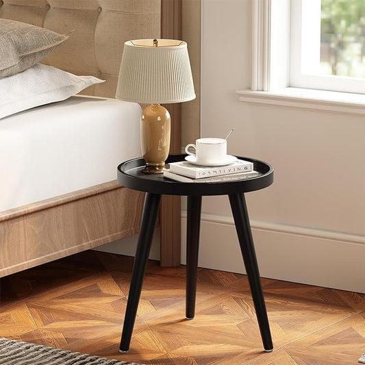 Apicizon Black Round Side Table, Tray Nightstand Sofa Coffee End Table for Living Room, Bedroom, Small Spaces, Easy Assembly Bedside Table, 15 x 18 Inches, Black