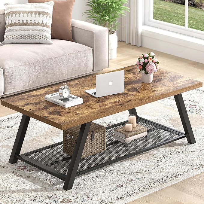 FOLUBAN 47 Inch Coffee Table, Industrial Wood and Metal Living Room Table with Storage Shelf, Rectangle Center Table, Rustic Brown
