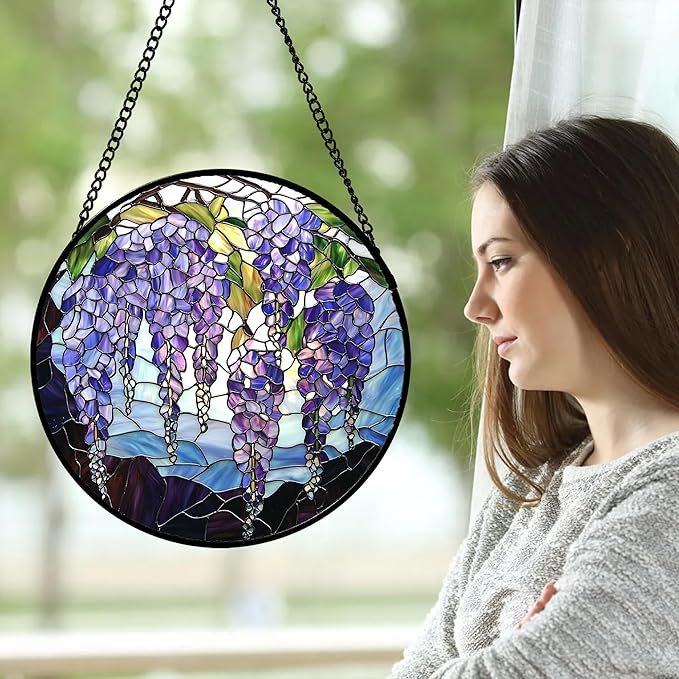 Stained Glass Window Hanging, Wisteria Flower Sun Catcher for Door Home Decor Purple and Blue Suncatcher Christmas Mother's Day Birthday Gifts for Women Men Mom and Nana 9.8 in