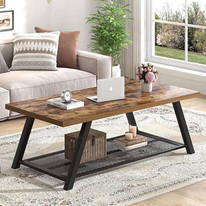 FOLUBAN 47 Inch Coffee Table, Industrial Wood and Metal Living Room Table with Storage Shelf, Rectangle Center Table, Rustic Brown