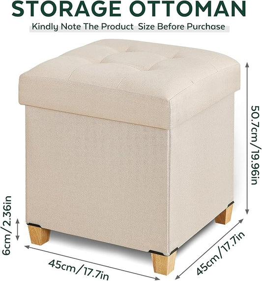 17.7" Square Ottoman with Storage, Storage Ottoman Foot Stool with Lid & Solid Wood Legs, Linen Ottomans for Living Room, Bedroom, Dorm, Beige