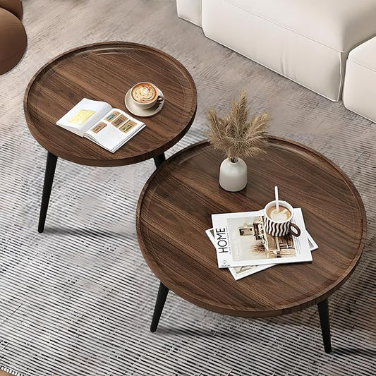 Jessie 2 Pcs Small Round Coffee Tables,Mid Century Modern Nesting Tables,Easy Assembly Circle Walnut Coffee Tables with Non-Slip Feet,Wood Grain Top Nesting Coffee Table for Living Room Balcony Yard