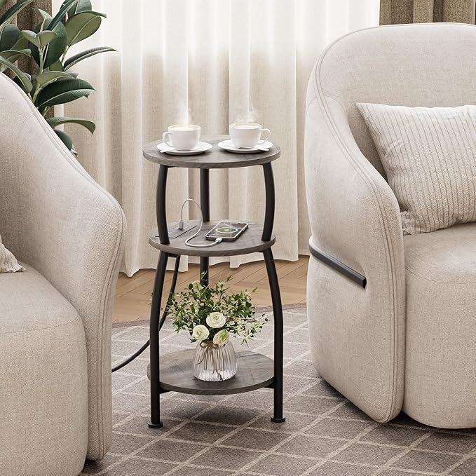 Round Side Table with Power Outlet & USB Ports, 3-Tier End Table with Storage Shelf, Modern Rustic Nightstand, Small Spaces Accent Table for Living Room Bedroom, Easy Assembly, Grey
