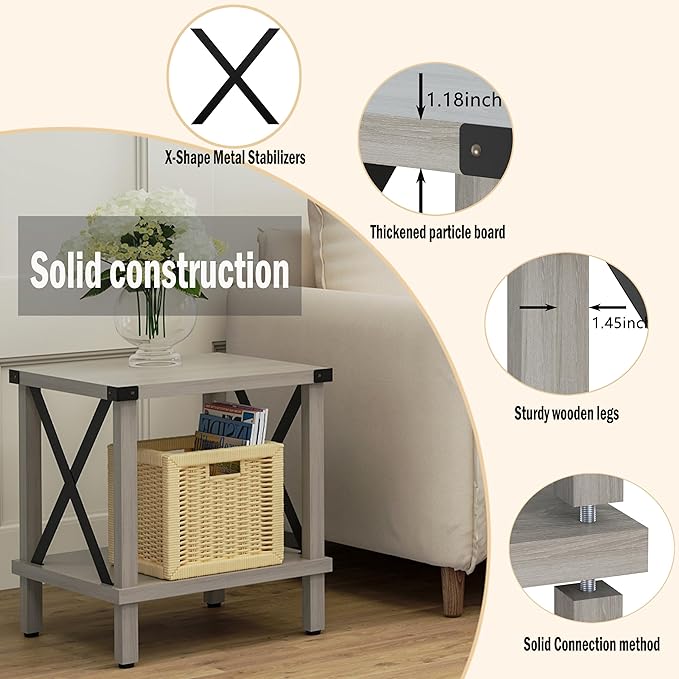 Large End Table Farmhouse Side Table Industrial Style Sofa Table Metal X Accent Wood Coffee Table NightStand with Storage Shelf for Living Room Bedroom Oak Grey MLBZ16Z