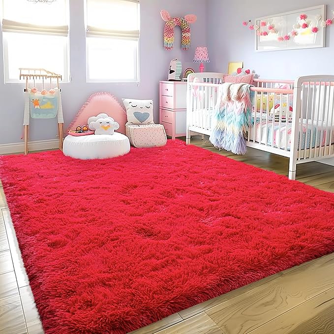 8x10 Large Area Rugs for Living Room, Ultra Fluffy Shag Rug for Bedroom, Modern Plush Soft Carpet for Girls Boys Kids Room Dorm Fuzzy Non Slip Rug for Home Decor Aesthetic, Red