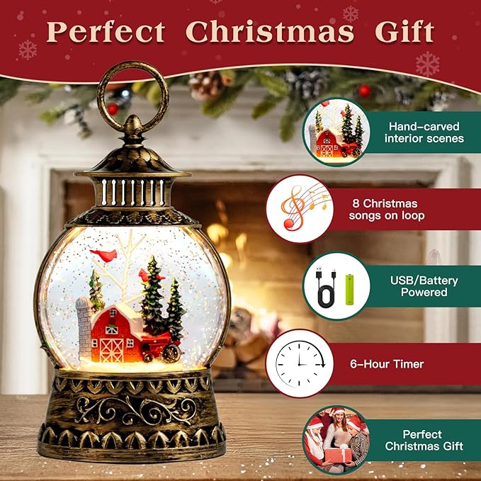 Christmas Snow Globe, Red Barn Truck Musical Snow Globe Lantern Lights with 6H Timer Battery & USB Powered, Retro Style Holiday Glitter Globe for Xmas Home Decoration Holiday Party Gifts