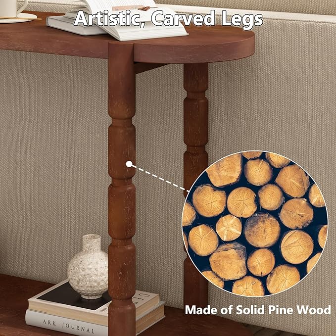 Farmhouse Entryway Table with Storage-43.4" Narrow Console Table with Solid Wood Legs, 2 Tiers Rounded Corners Sofa Tables for Living Room，Hallway, Entrance, Foyer, Rustic Brown