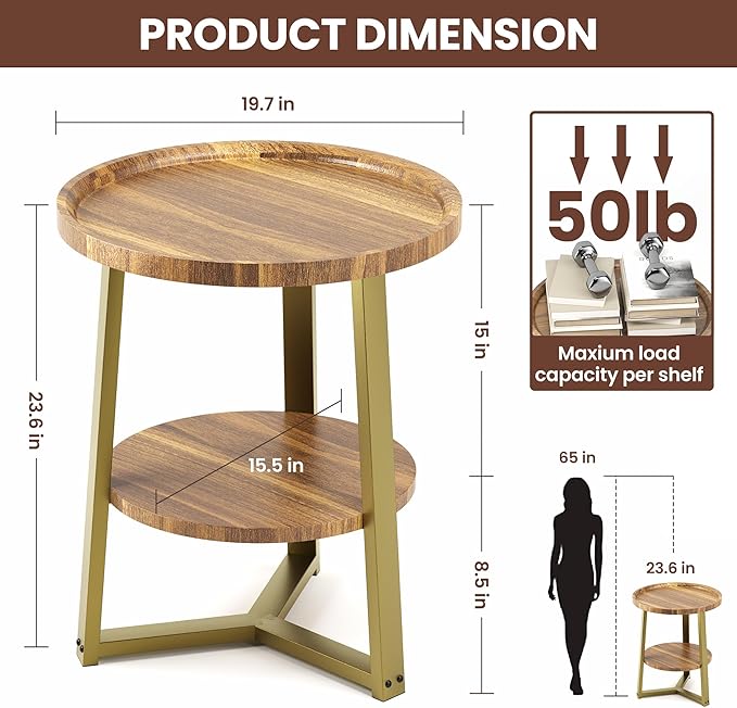 PPAMAPIC Round End Table, 2 Tier Side Table with Storage Shelf, Nightstand Accent Table for Living Room Bedroom Small Space, Golden Metal Frame, 19.7" D x 23.6" H, Rustic Brown