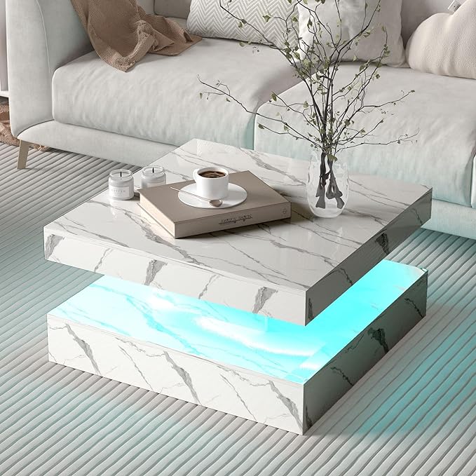 White Marble LED Coffee Table for Living Room, Living Room Table 2-Tier Square Middle Center Table, Modern Coffee Tables with Storage, Contemporary Wood Tea Tables for Dining Reception