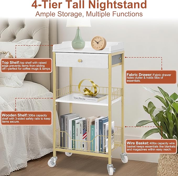 Small Side Table with Storage Basket, Narrow End Table with Drawer, 4-Tier Bathroom Storage Shelves with Optional Wheels, Tall Nightstand for Dorm, Living Room, Bedroom, Gold & White