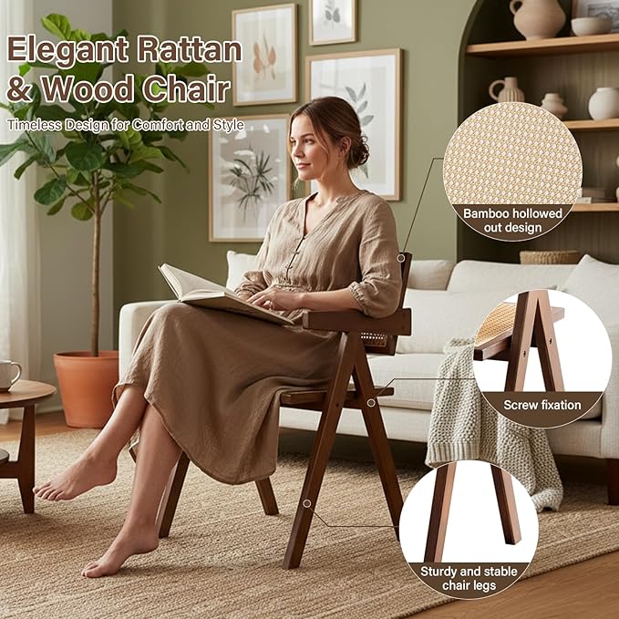 Rattan Accent Chairs, Modern Mid Century Dining Chairs Set of 2, Comfy Armchairs, Outdoor Rattan Chairs with Armrest for Bedroom Living Room Reading Room Dining Kitchen, Brown