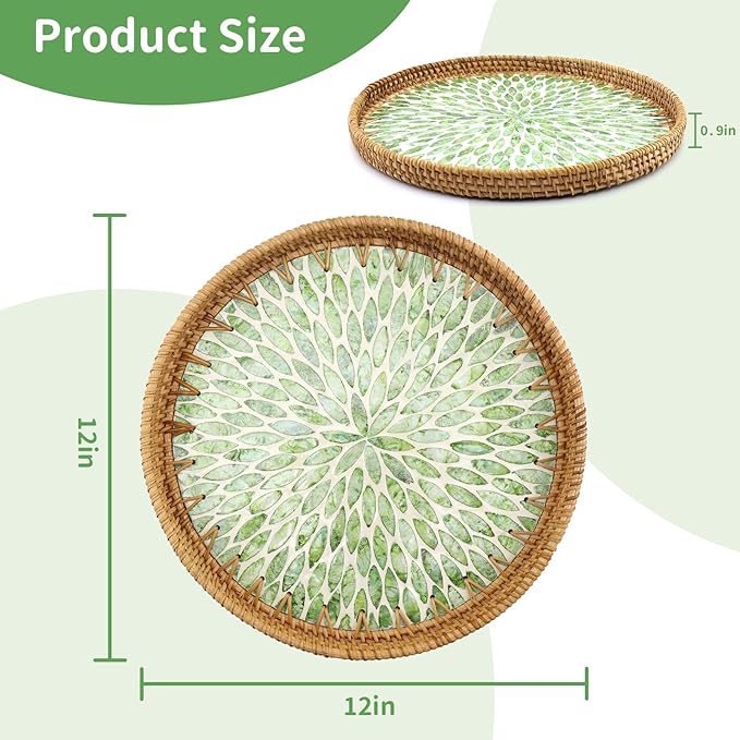 Round Rattan Tray with Mother of Pearl Inlay, Decorative Rattan Serving Tray for Home Boho Decor, Coffee Table, Bread, Food, Tea Ottoman Trays, Fruit Wicker Basket,100% Natural Materials Green- 12"