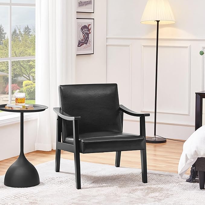 Yaheetech PU Leather Accent Chair, Mid-Century Modern Armchair with Solid Wood Legs, Reading Leisure Chair with High Back for Living Room Bedroom Waiting Room, Black