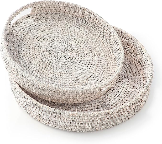 HITOMEN Hand-Woven Round Rattan Serving Tray Decorative Ottoman Wicker Platter with Handles for Coffee Table, Breakfast, Drinks, Snack, Bread, Fruit, Vegetables (Whitewash Set of 2: M+L)