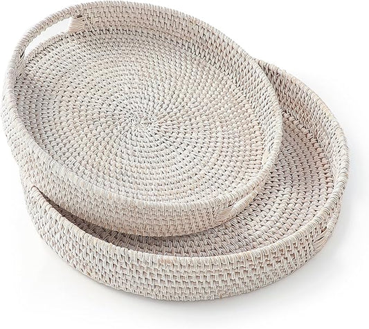 HITOMEN Hand-Woven Round Rattan Serving Tray Decorative Ottoman Wicker Platter with Handles for Coffee Table, Breakfast, Drinks, Snack, Bread, Fruit, Vegetables (Whitewash Set of 2: M+L)